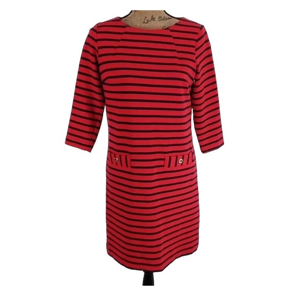 Dalia Dress SMALL‎ Red Navy Blue Stripe Sheath 3/4 Sleeve Zip Gold Button Career